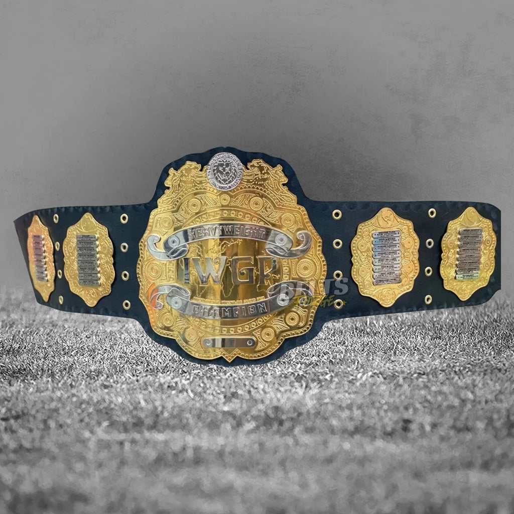 NJPW IWGP Heavyweight Championship Classic Belt front view, gold-plated brass main plate on genuine black leather strap