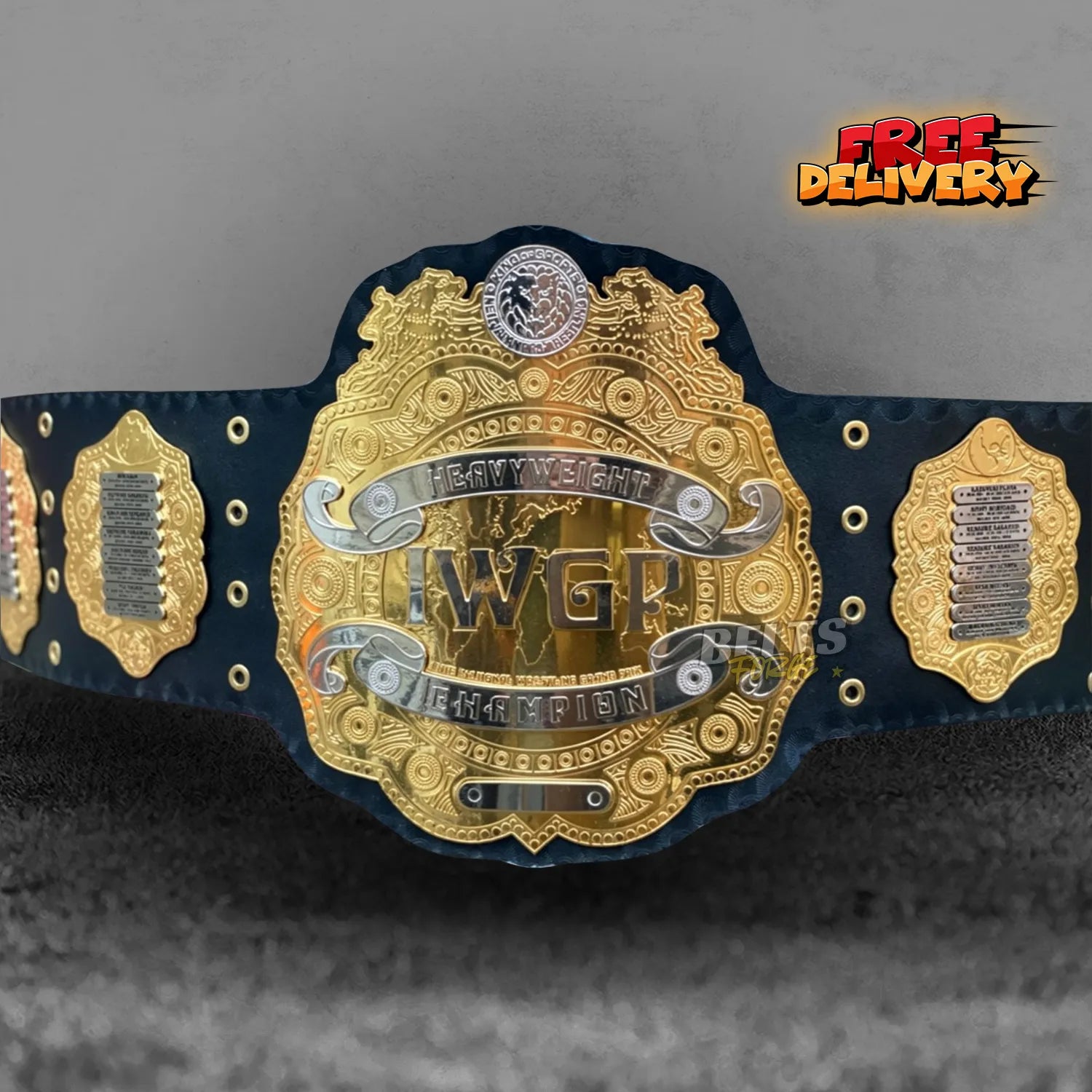 NJPW IWGP Heavyweight Championship Classic Belt replica promotional front view, gold-plated brass plates on genuine leather strap by Belts Forge