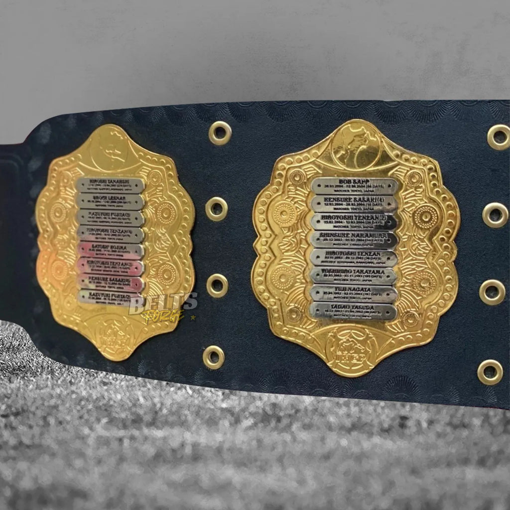 NJPW IWGP Heavyweight Championship Classic Belt right side plate detail showing engraved champions list on gold-plated brass
