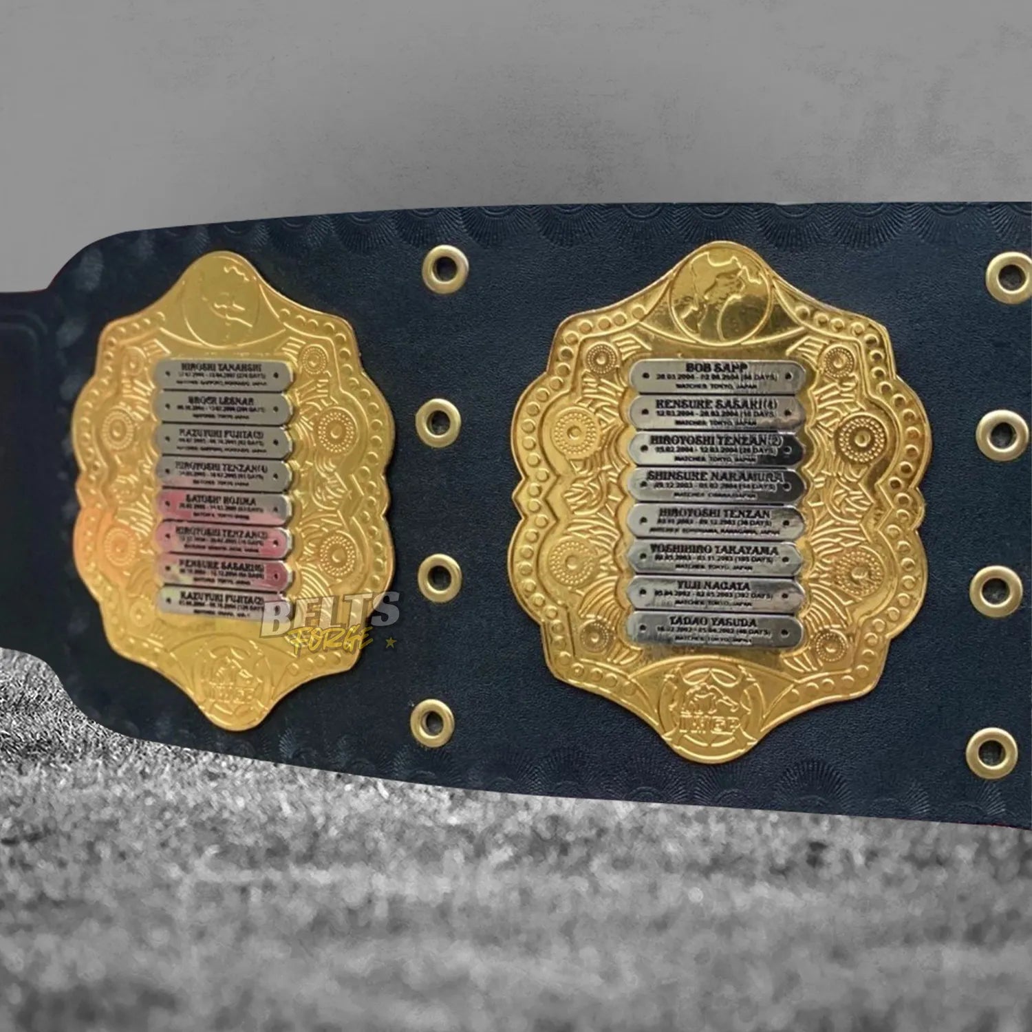 NJPW IWGP Heavyweight Championship Classic Belt right side plate detail showing engraved champions list on gold-plated brass
