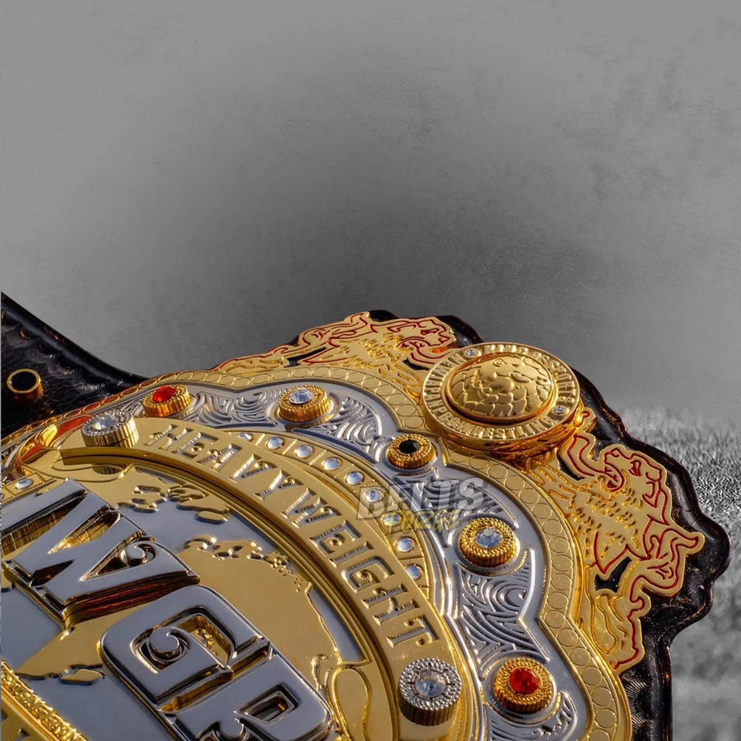 IWGP Heavyweight Championship V4 Belt top center plate showing lion mark crest detail on 4 layer CNC machined brass