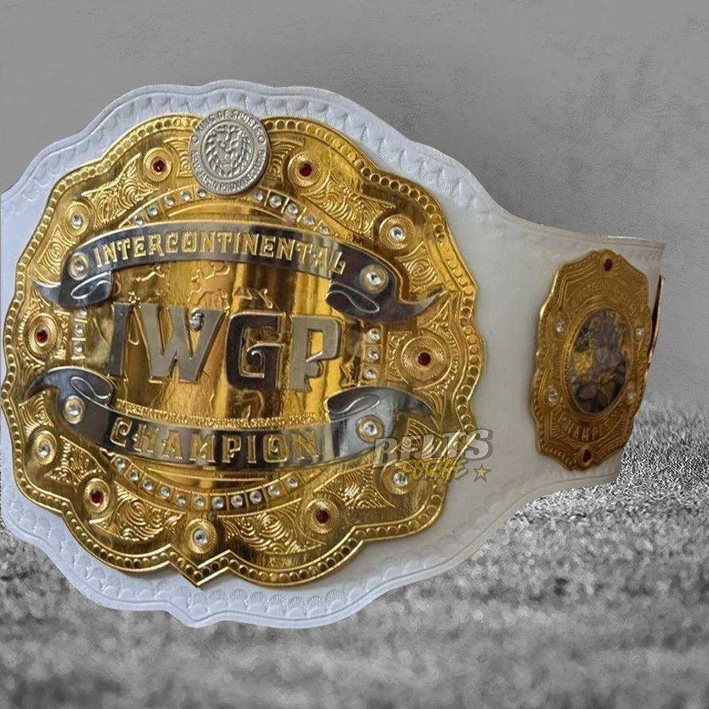 NJPW IWGP Intercontinental Championship Belt angled front view with side plate showing gold-plated brass design on white leather