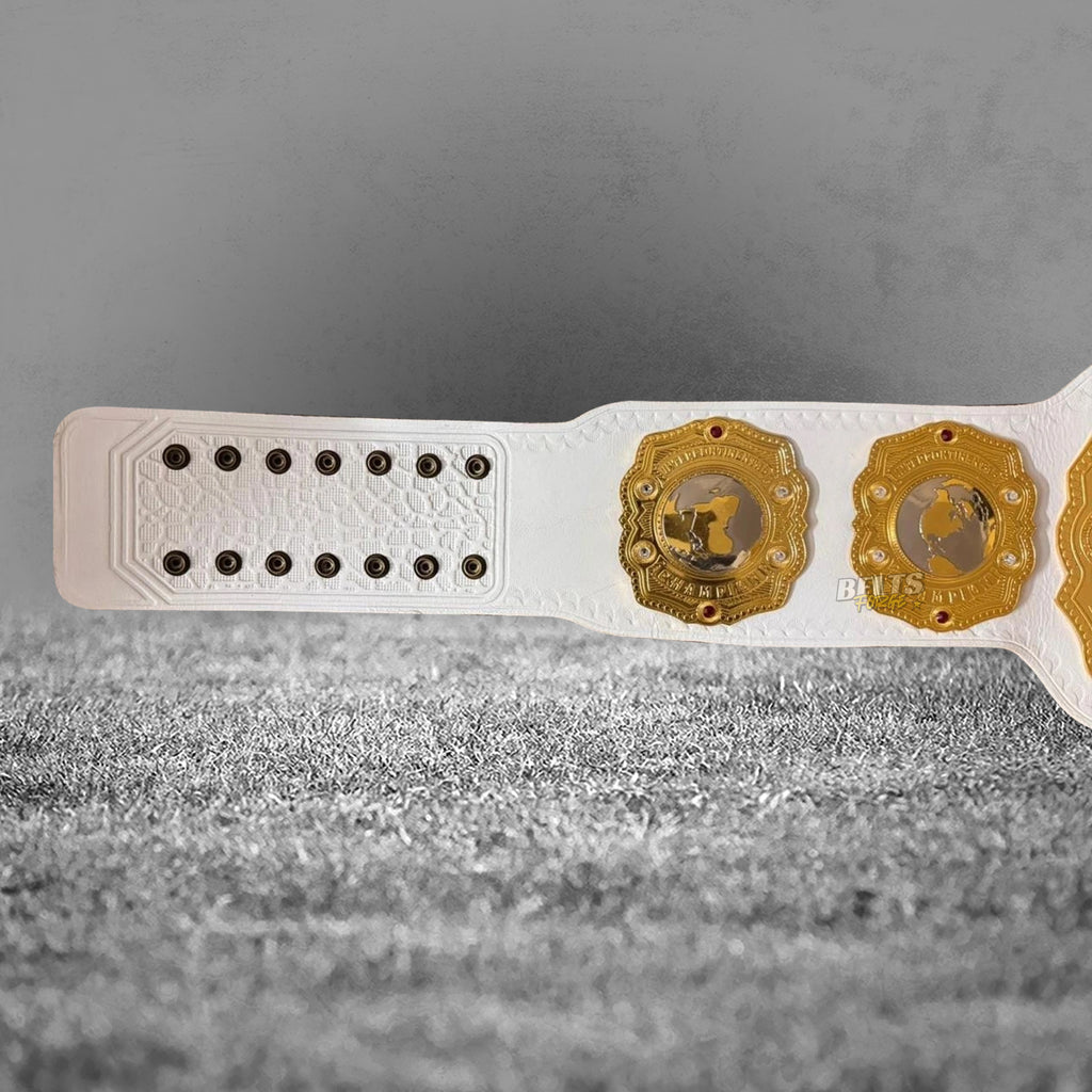 NJPW IWGP Intercontinental Championship Belt left strap end and side plates detail showing gold-plated brass on white leather strap