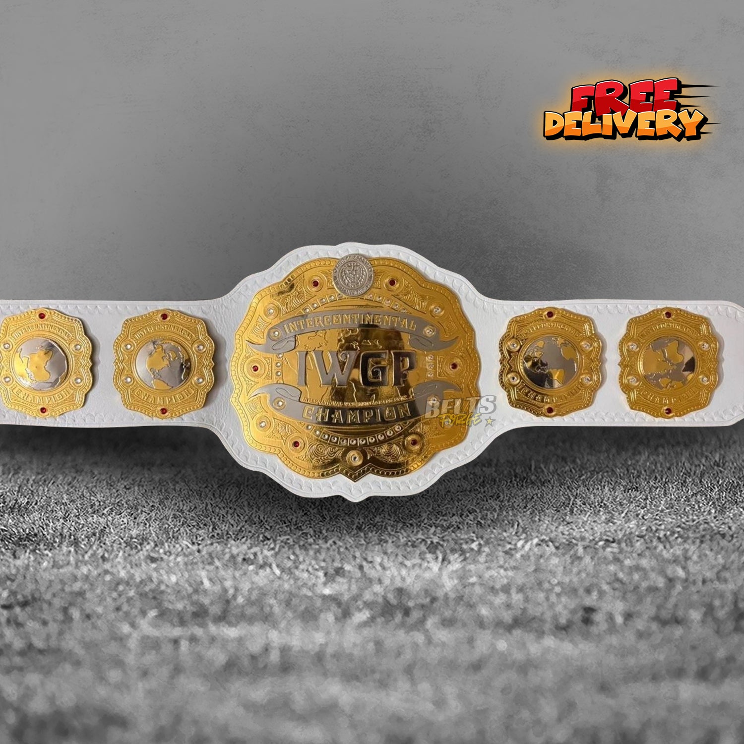 NJPW IWGP Intercontinental Championship Belt replica promotional front view, gold-plated brass plates on genuine white leather strap by Belts Forge