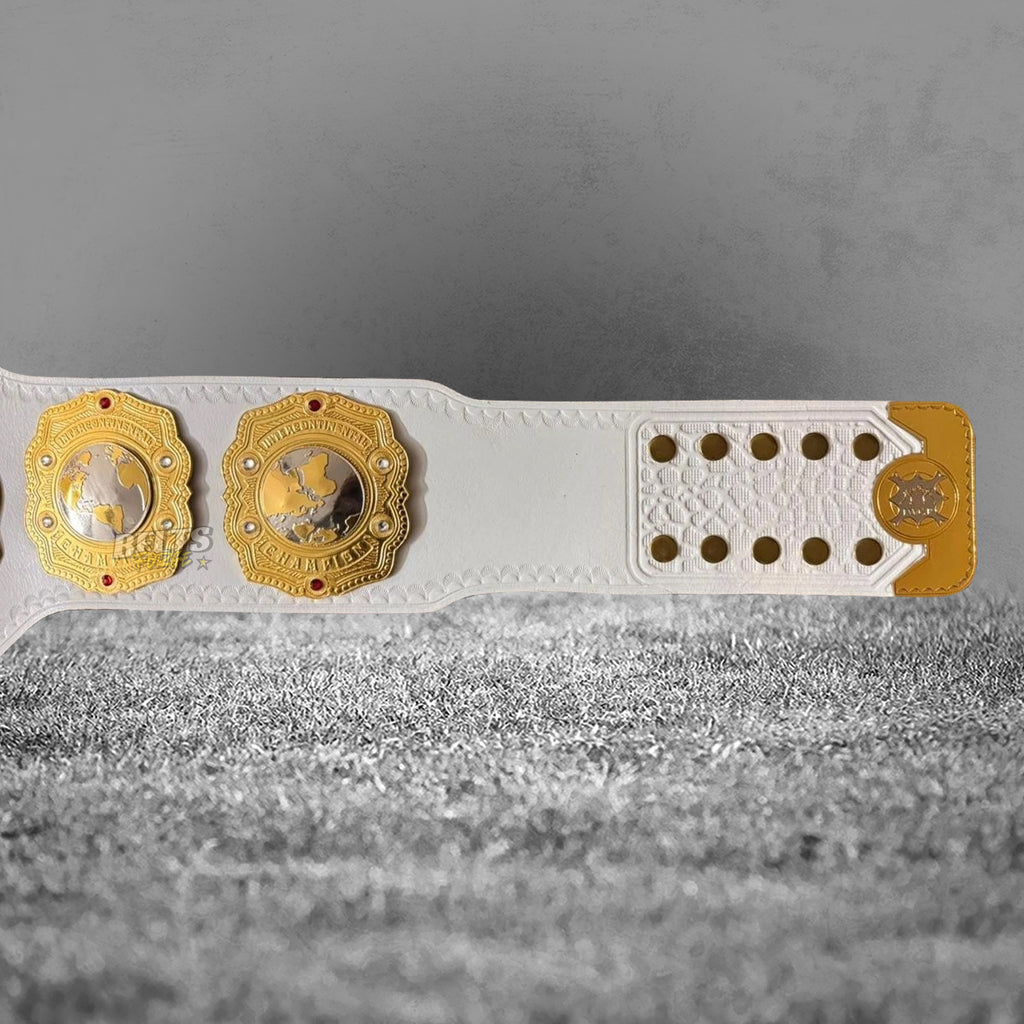 NJPW IWGP Intercontinental Championship Belt right strap end and buckle detail showing gold hardware on genuine white leather