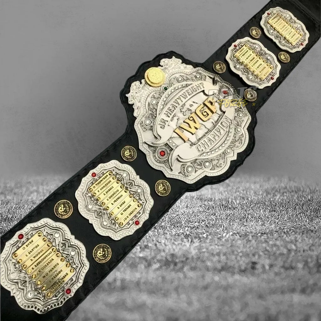NJPW IWGP Junior Heavyweight Championship Belt angled display view left side showing gold-plated brass plate detail