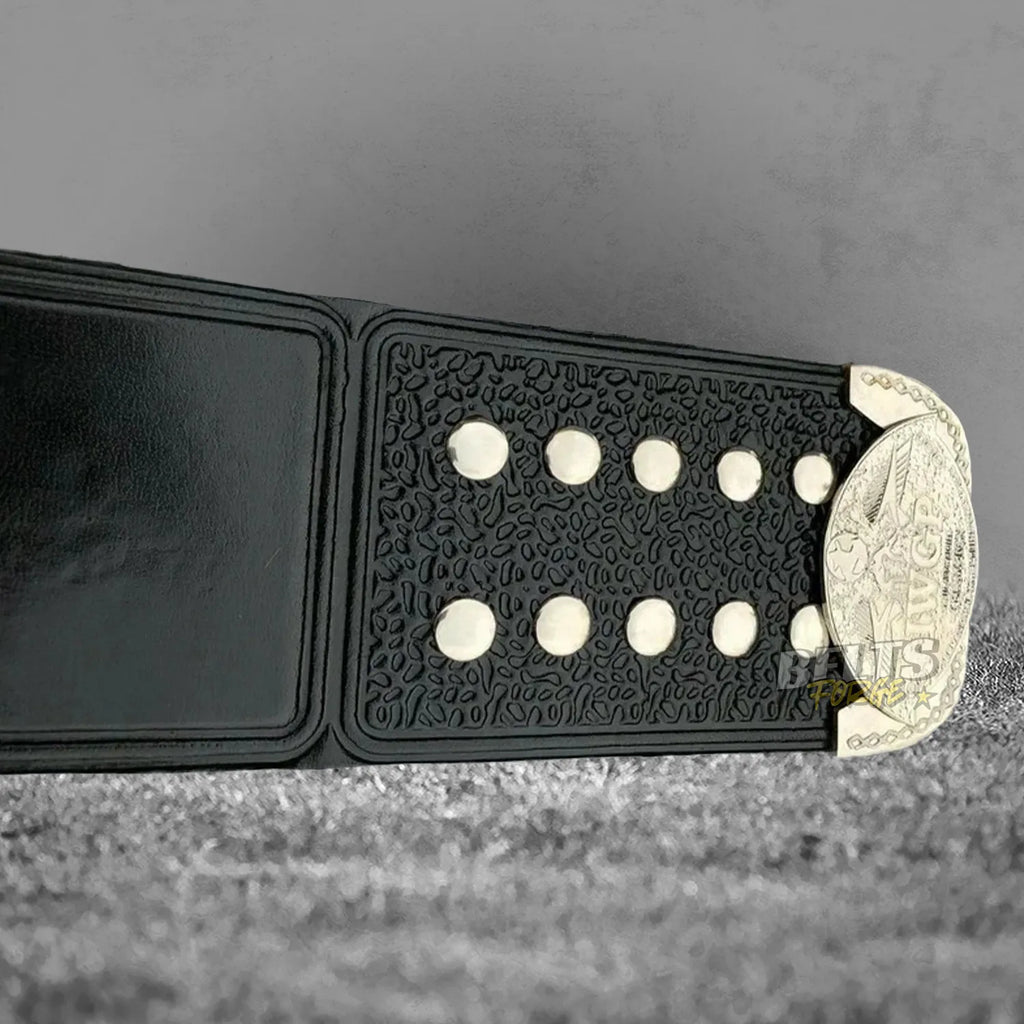 NJPW IWGP Junior Heavyweight Championship Belt back strap and buckle end detail showing genuine leather and gold hardware