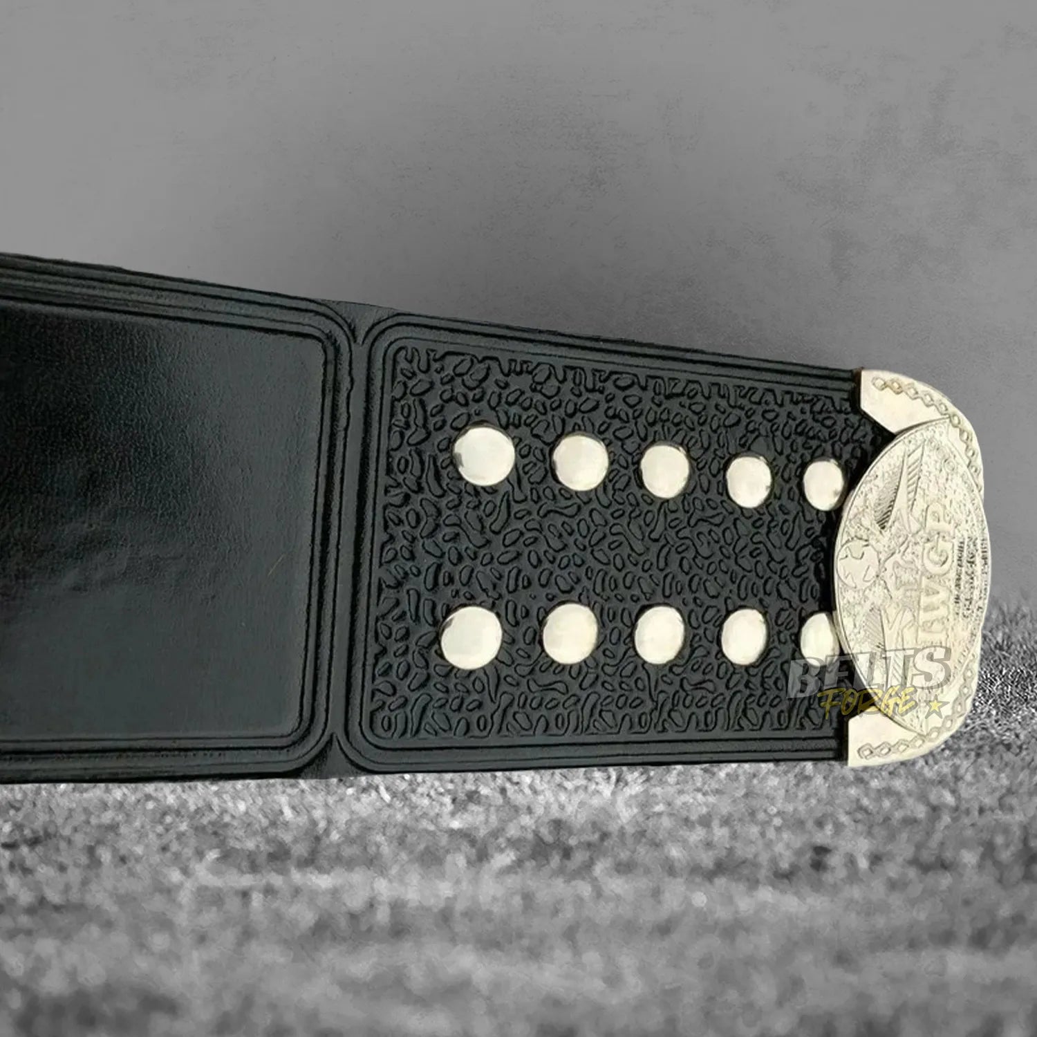 NJPW IWGP Junior Heavyweight Championship Belt back strap and buckle end detail showing genuine leather and gold hardware
