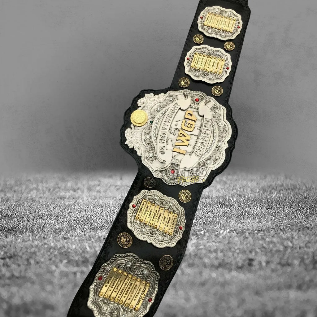 NJPW IWGP Junior Heavyweight Championship Belt full belt vertical display view showing complete gold-plated plates on leather strap
