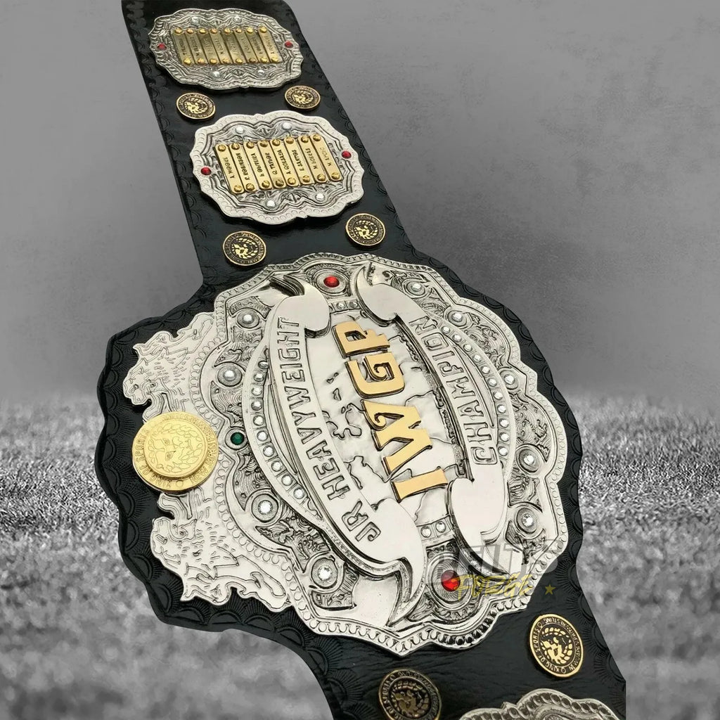 NJPW IWGP Junior Heavyweight Championship Belt overhead angled view with side plates showing gold-plated brass design on leather strap