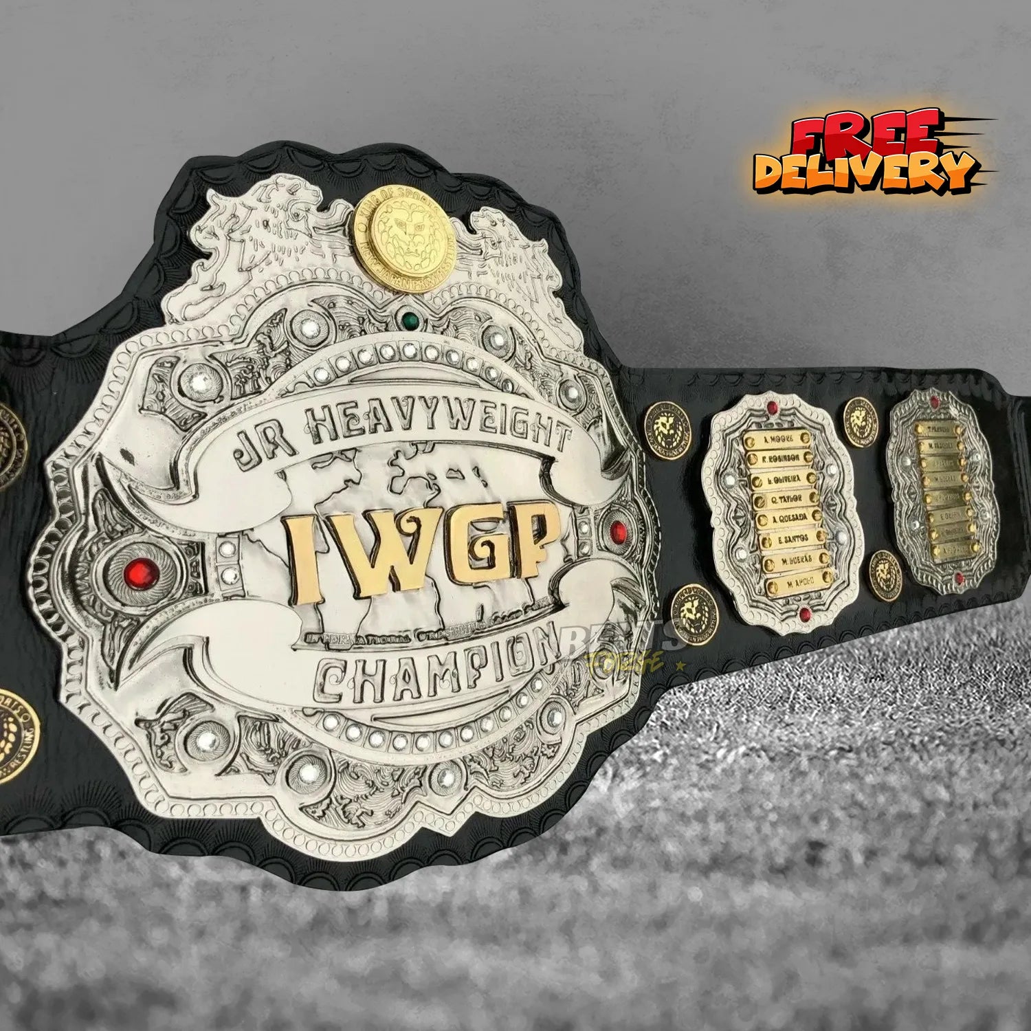 NJPW IWGP Junior Heavyweight Championship Belt replica promotional center plate front view, gold-plated brass on genuine leather strap by Belts Forge