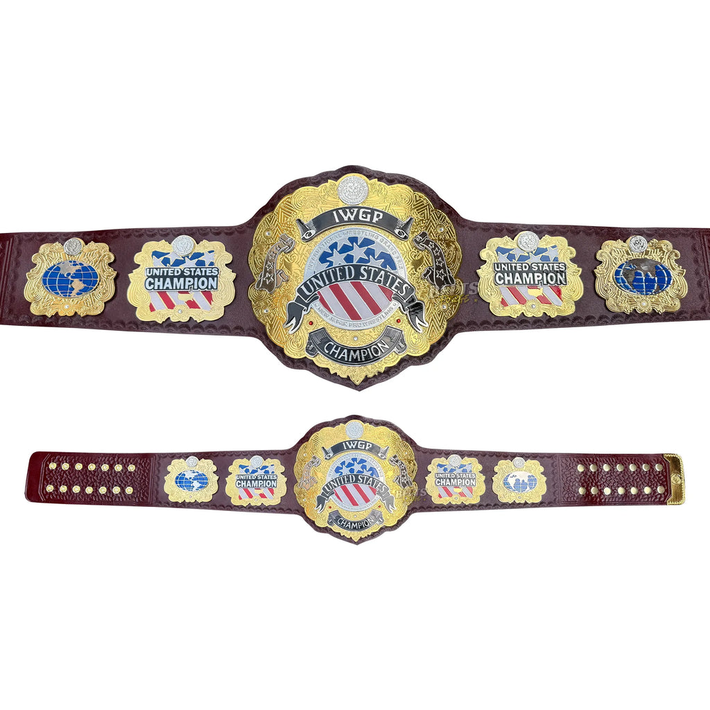 NJPW IWGP United States Championship Belt angled display view showing double-layered gold brass plates and maroon leather strap profile