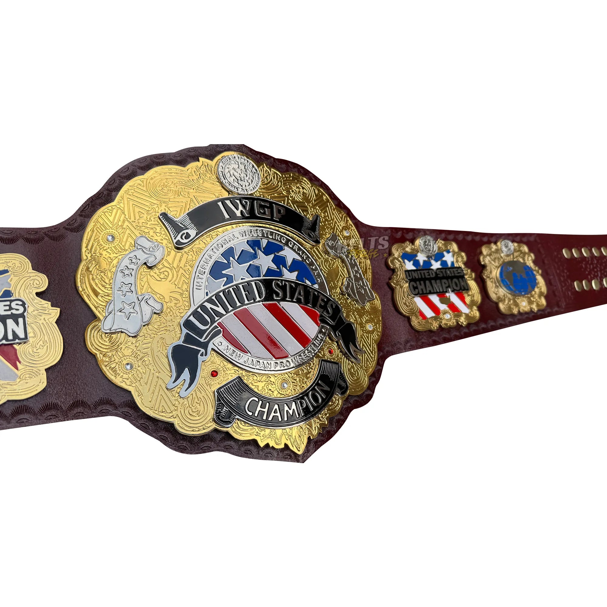 NJPW IWGP United States Championship Belt center plate close-up showing double-layered CNC-engraved gold-plated brass IWGP US design