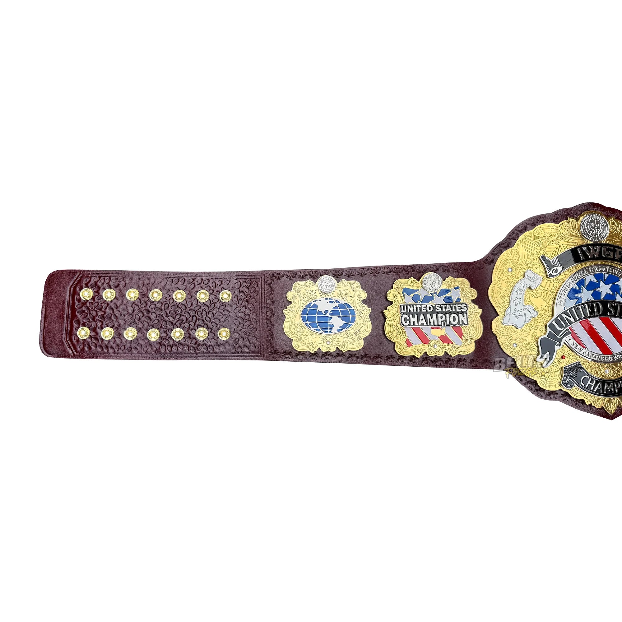 NJPW IWGP United States Championship Belt center plate alternate detail showing CNC-engraved double-layered gold brass IWGP design