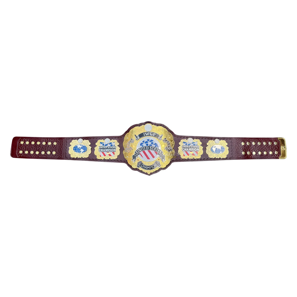 NJPW IWGP United States Championship Belt front and back view showing complete belt with double-layered brass plates and maroon leather