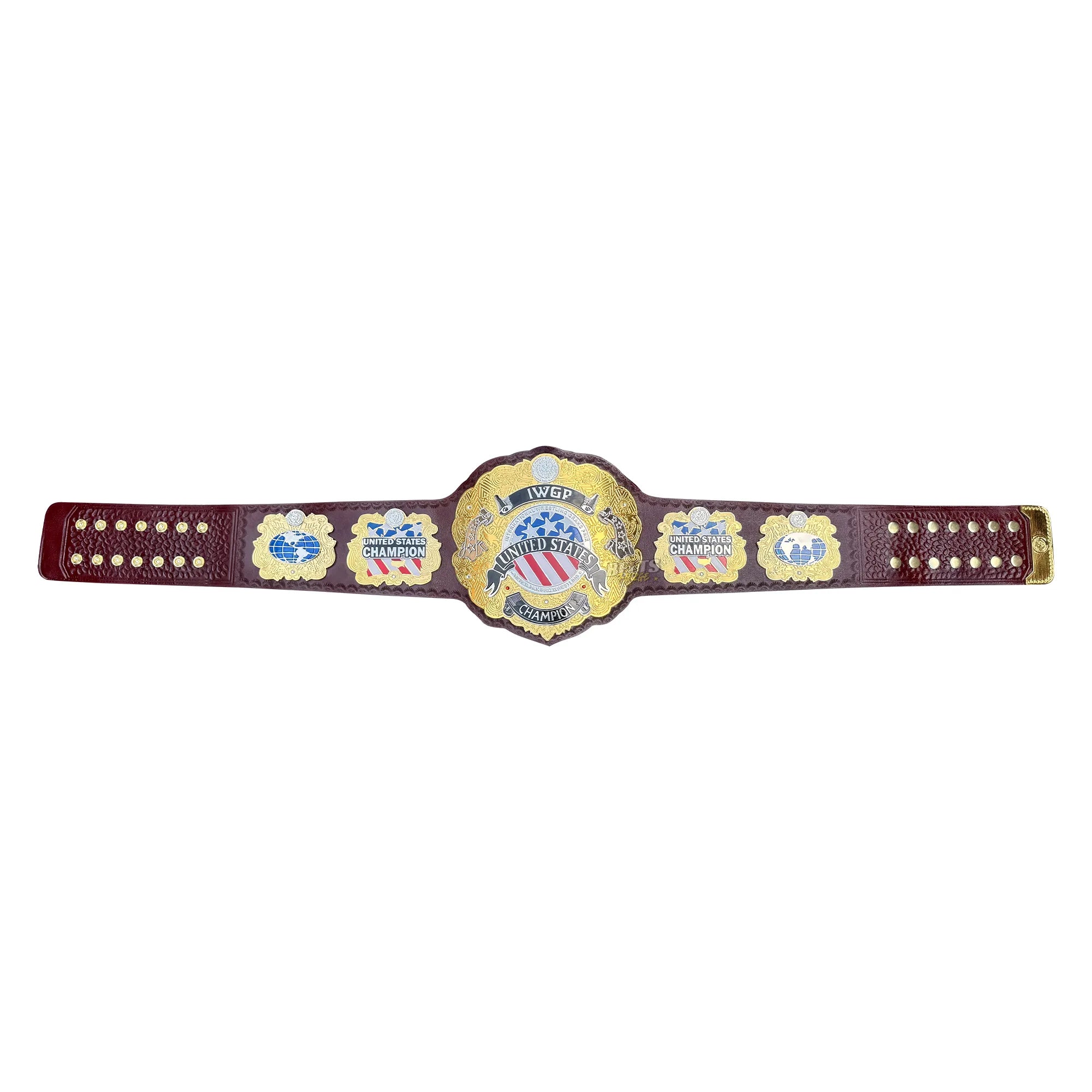 NJPW IWGP United States Championship Belt front and back view showing complete belt with double-layered brass plates and maroon leather