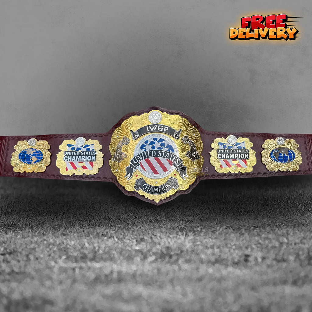 NJPW IWGP United States Championship Belt replica front view, double-layered gold-plated brass plates on genuine maroon leather strap by Belts Forge