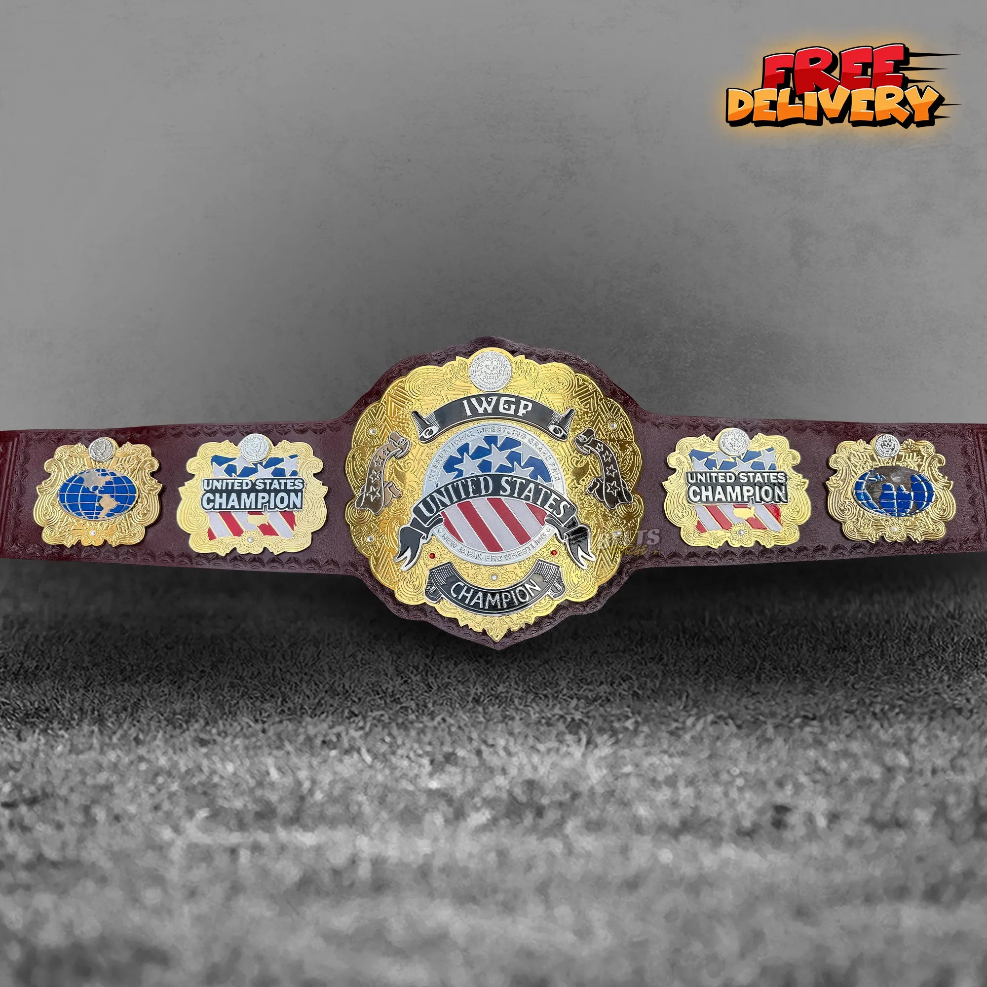 NJPW IWGP United States Championship Belt replica front view, double-layered gold-plated brass plates on genuine maroon leather strap by Belts Forge