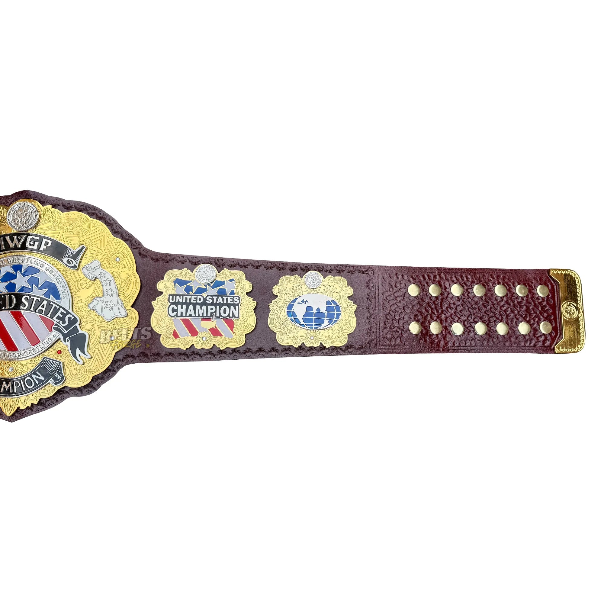 NJPW IWGP United States Championship Belt side plates detail showing gold-plated NJPW side plates on genuine maroon leather strap