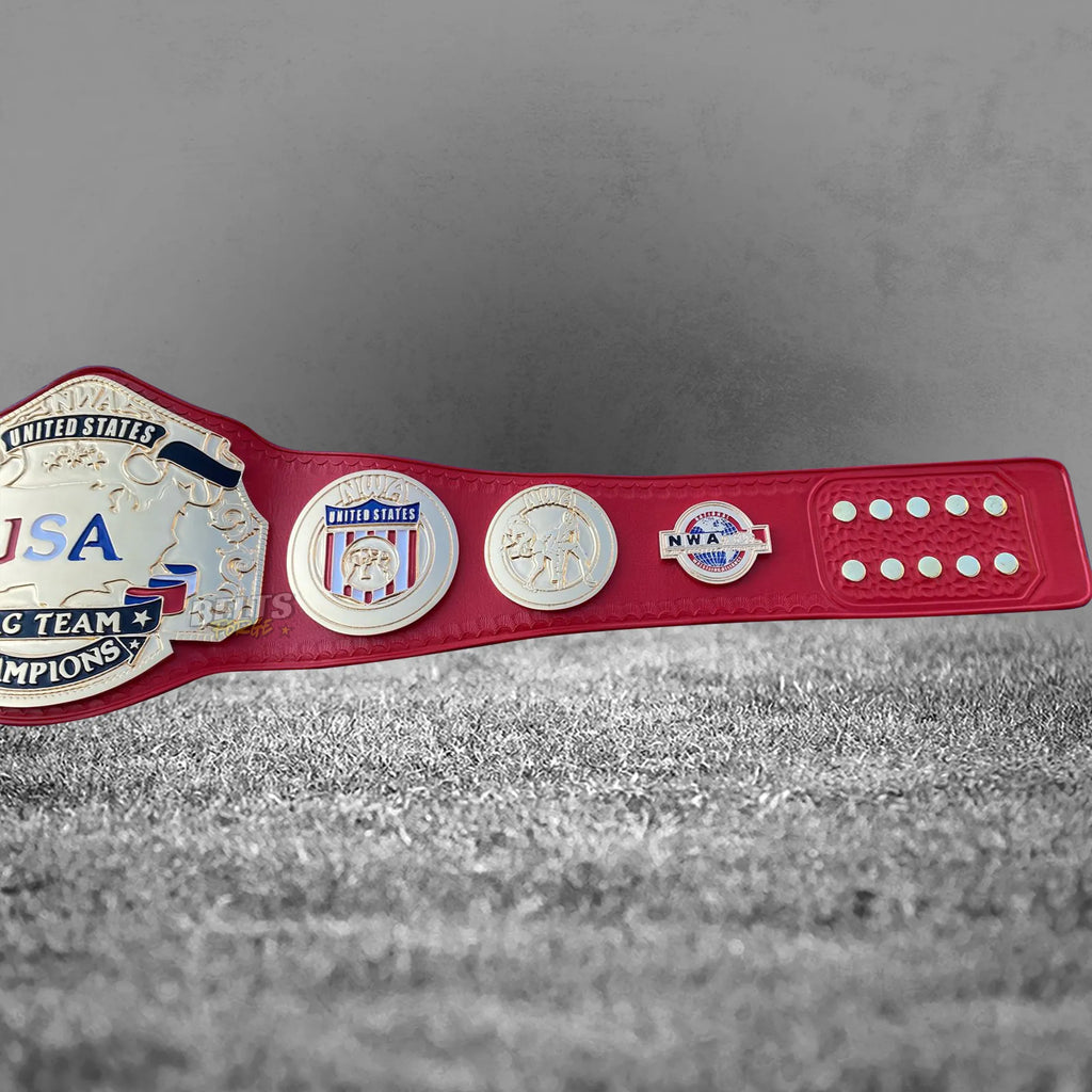 NWA USA Tag Team Championship Belt angled medallions view showing full gold-plated brass plate arrangement on red leather strap