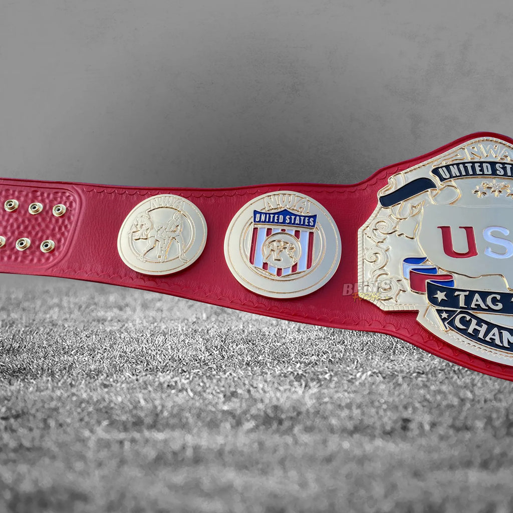 NWA USA Tag Team Championship Belt side NWA medallions detail showing gold-plated brass NWA globe plate close-up on red leather