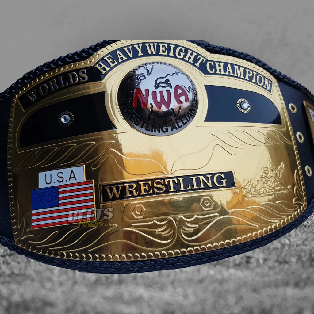 NWA World's Heavyweight Championship Belt center plate close-up showing NWA globe design with USA flag detail
