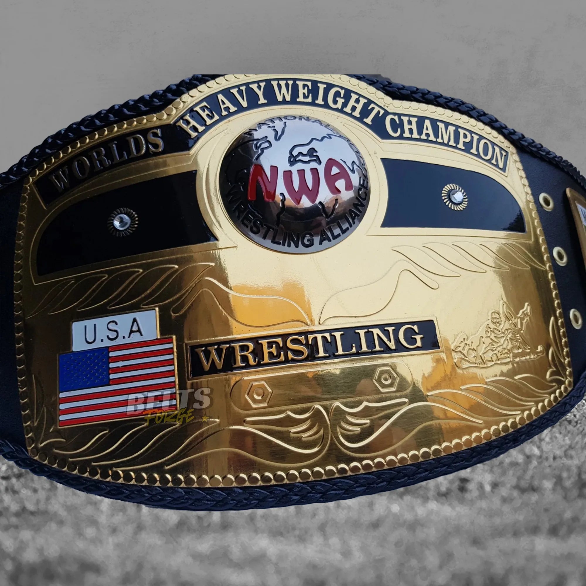 NWA World's Heavyweight Championship Belt center plate close-up showing NWA globe design with USA flag detail