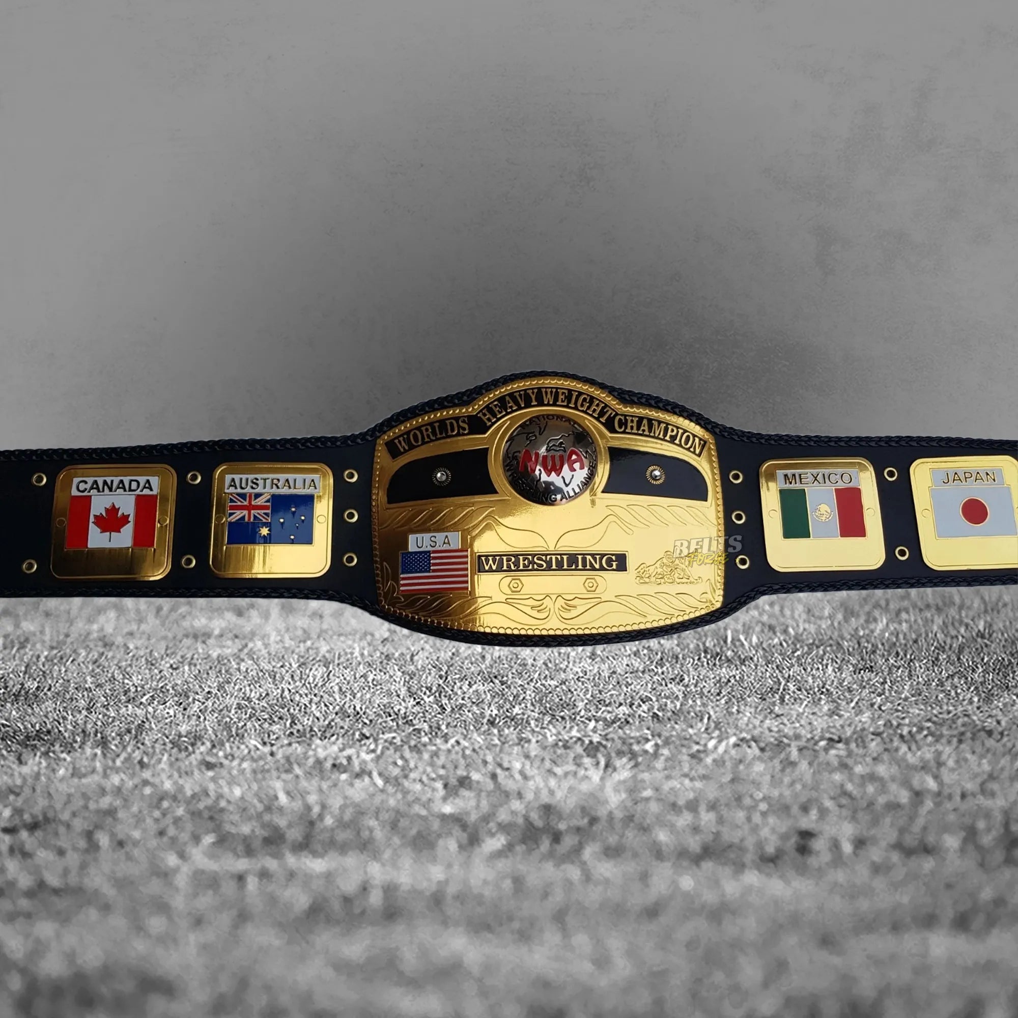 NWA World's Heavyweight Championship Belt full flat lay showing all flag side plates and genuine leather strap