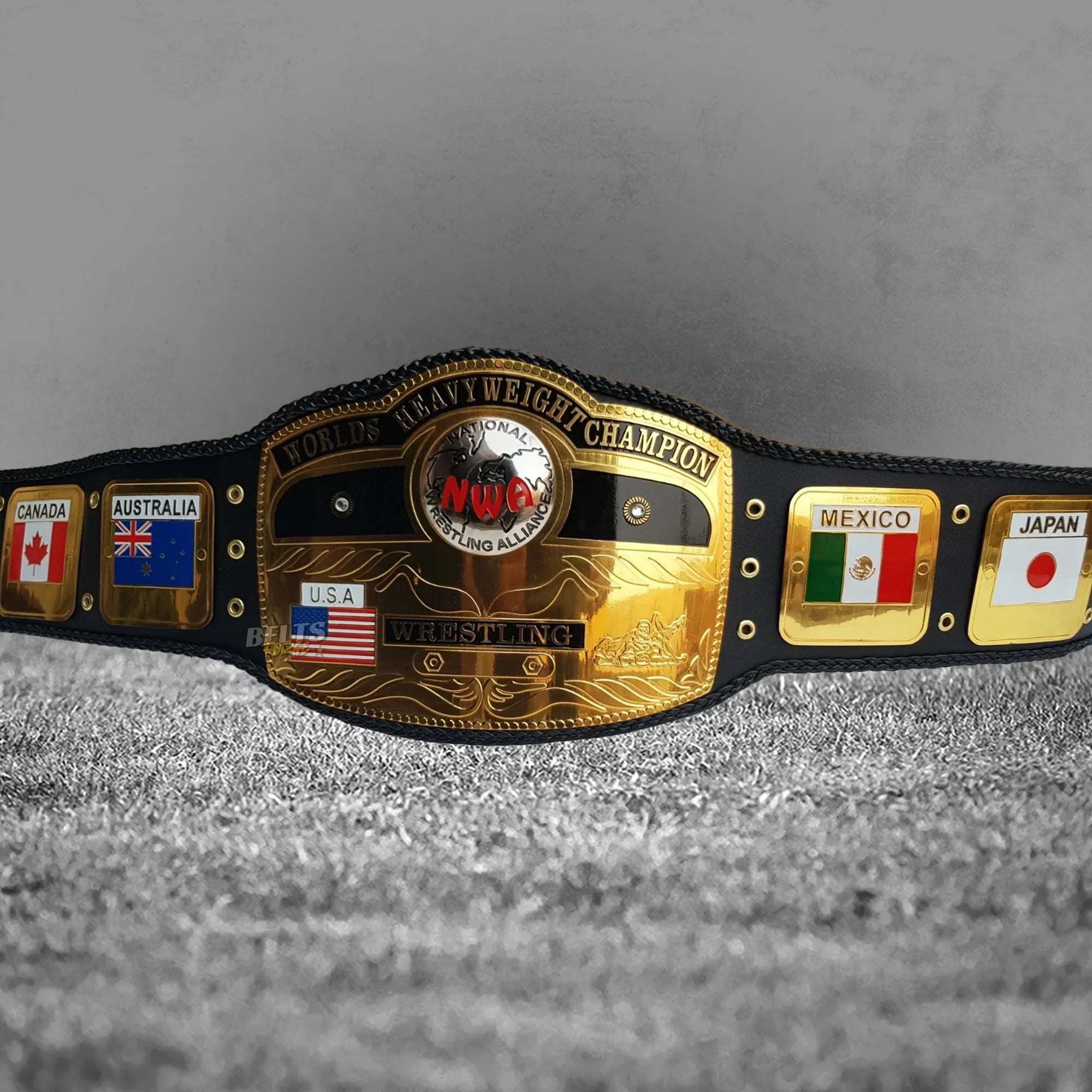 NWA World's Heavyweight Championship Belt full front display flat lay showing all gold-plated brass plates