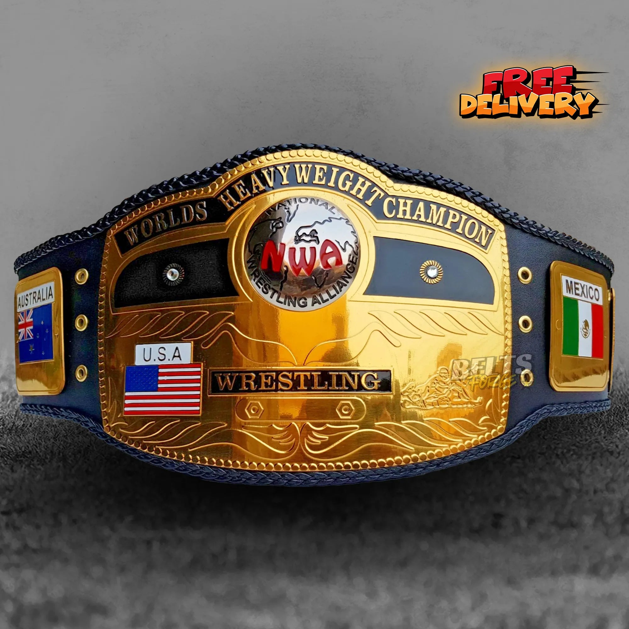 NWA World's Heavyweight Championship Belt International Flag Edition promotional angled front view by Belts Forge