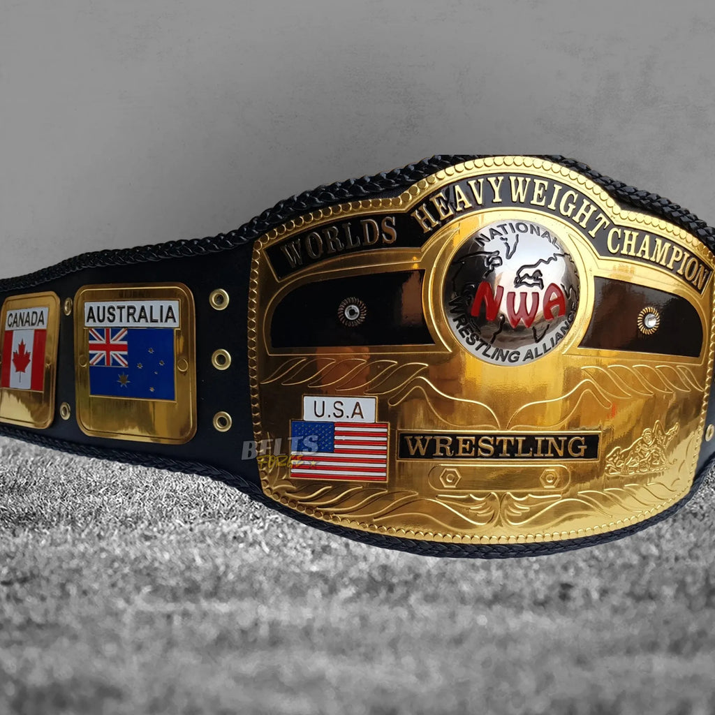 NWA World's Heavyweight Championship Belt right angled view showing center plate and Mexico and Japan flag side plates