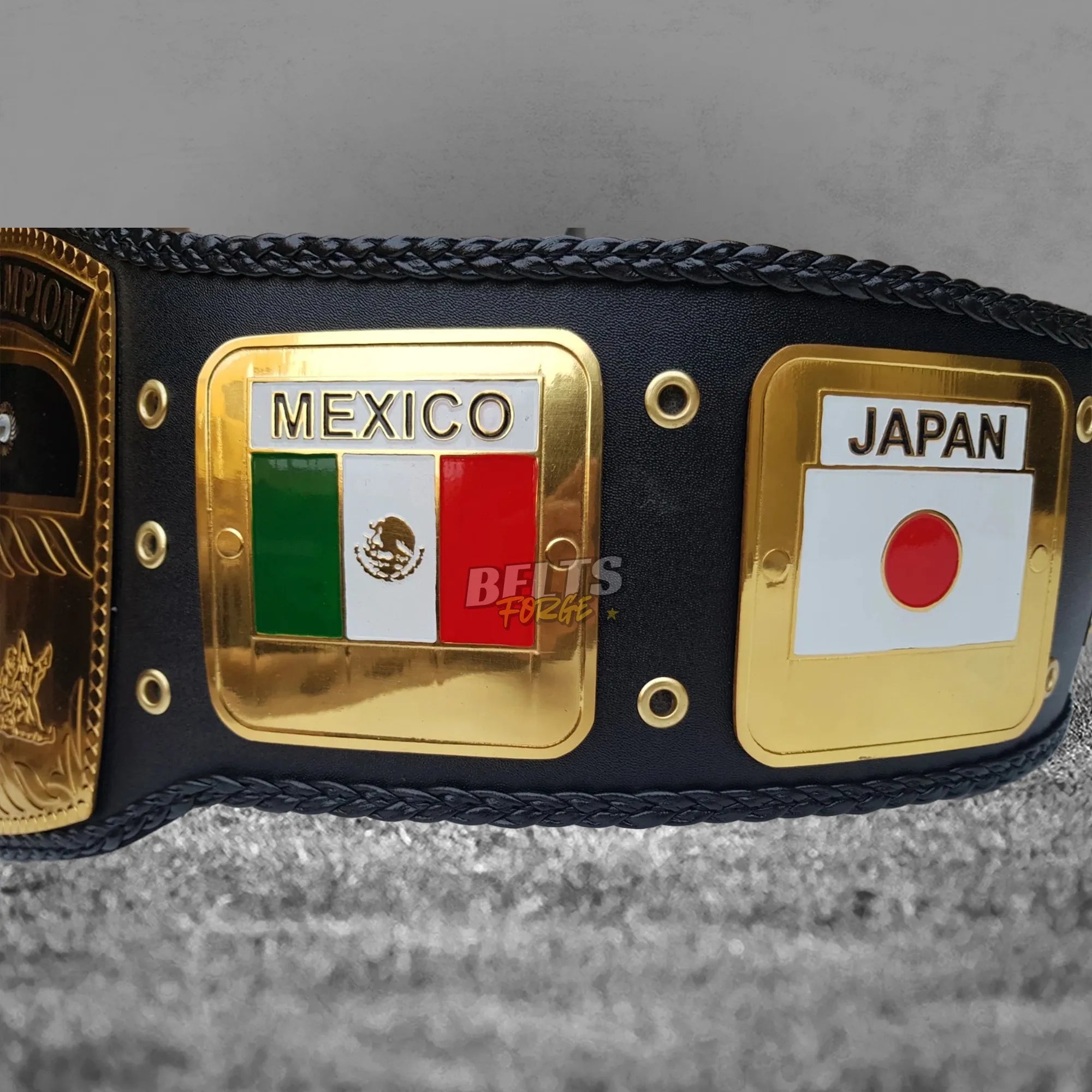 NWA World's Heavyweight Championship Belt right angled center and side plate view showing gold-plated brass detail
