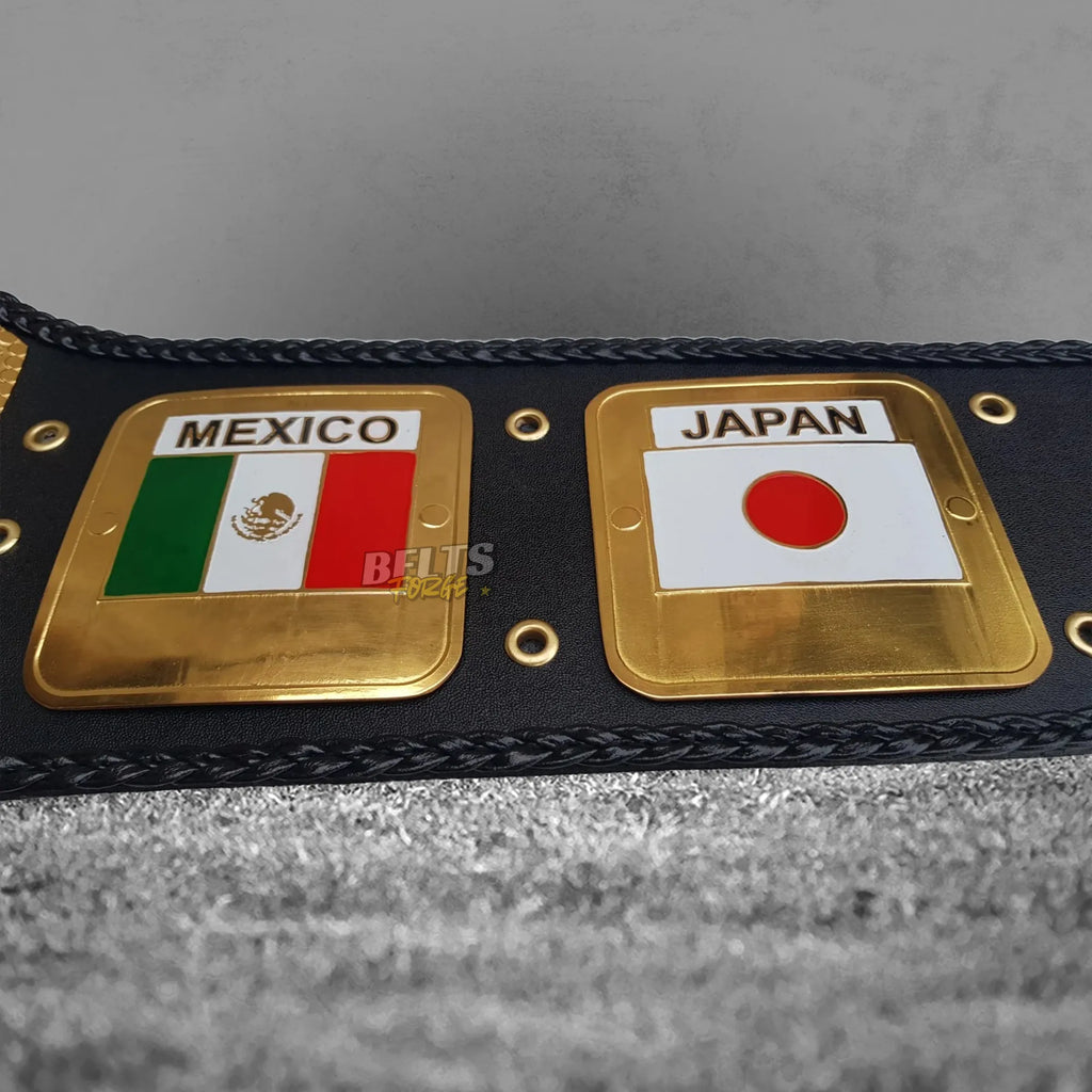 NWA World's Heavyweight Championship Belt right strap detail showing Mexico and Japan flag side plates on genuine leather