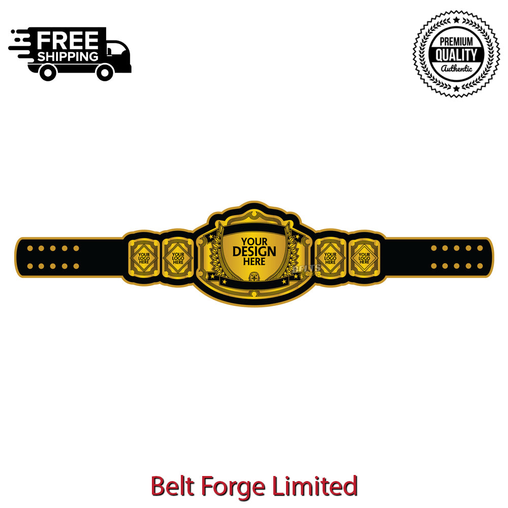 Custom Fantasy Football Belt close-up of the engraved center plate with gold-plated brass detail