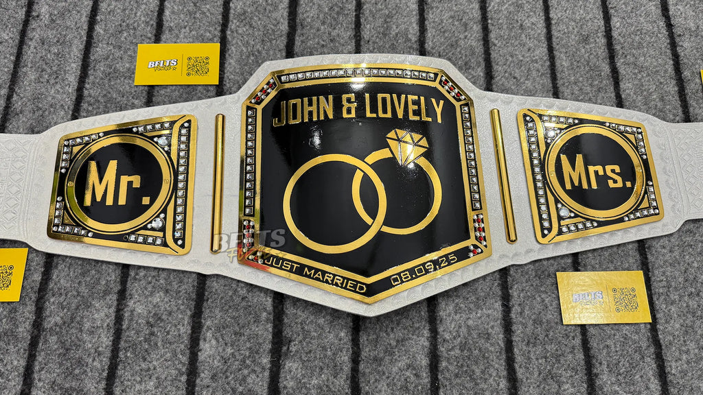 Just Married Mr and Mrs Wedding Championship Belt front view, gold-plated brass main plate on genuine white leather strap