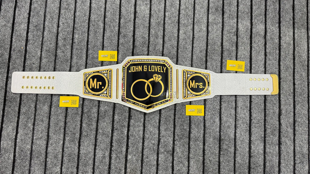 Just Married Mr and Mrs Wedding Championship Belt full flat lay display view showing complete gold plates on white leather strap