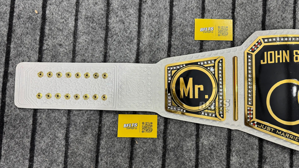 Just Married Wedding Championship Belt Mr side plate detail showing gold-plated brass personalized Mr plate on white leather strap
