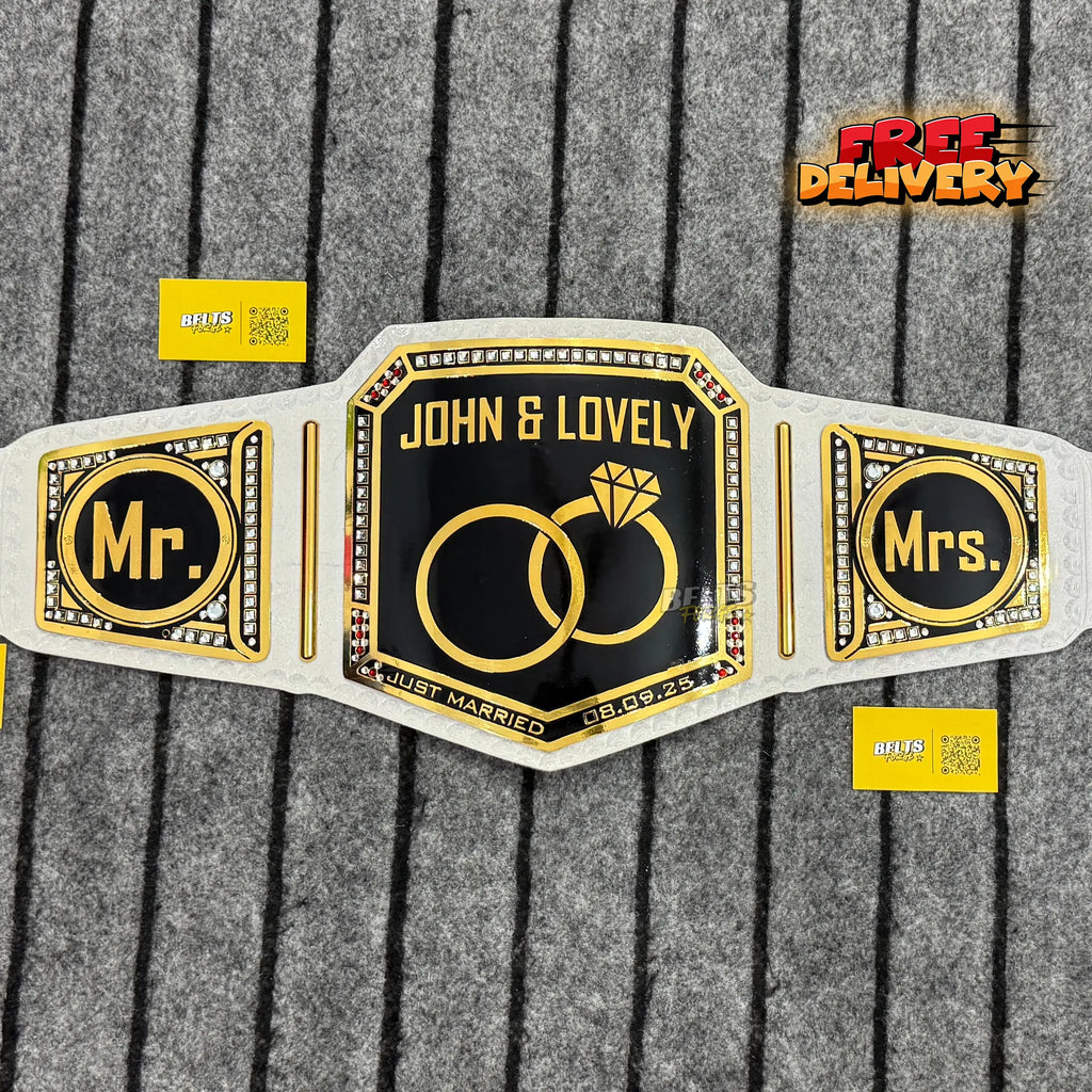 Just Married Mr and Mrs Wedding Championship Belt promotional front view, gold-plated brass plates on genuine white leather strap by Belts Forge
