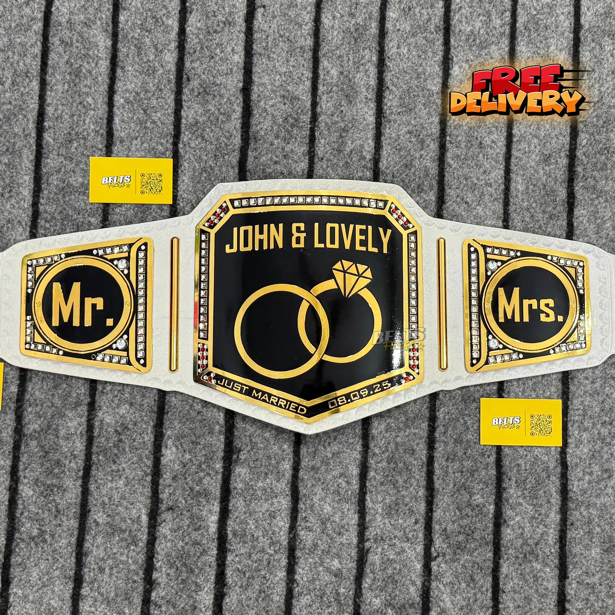 Just Married Mr and Mrs Wedding Championship Belt promotional front view, gold-plated brass plates on genuine white leather strap by Belts Forge