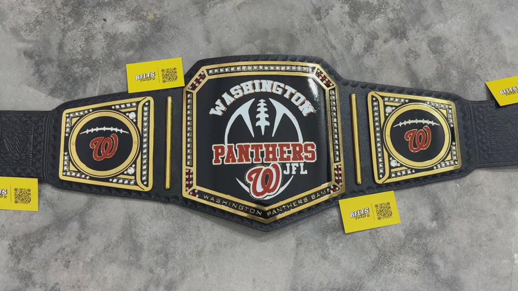 Washington Panthers JFL Football Championship Belt, Genuine Leather and Gold-Plated Brass Plates