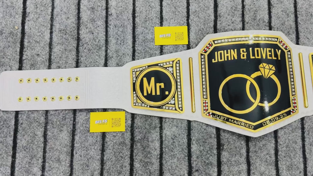 Just Married Mr and Mrs Wedding Championship Belt, Gold-Plated Brass Plates and White Genuine Leather Strap