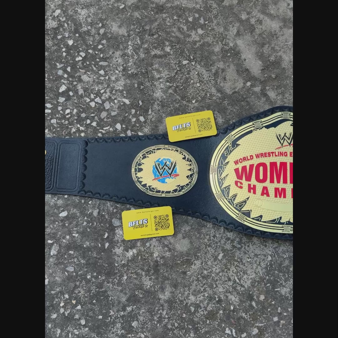 Women's Wrestling Heavyweight Championship Belt Replica, Genuine Leather and Gold-Plated Brass Plates
