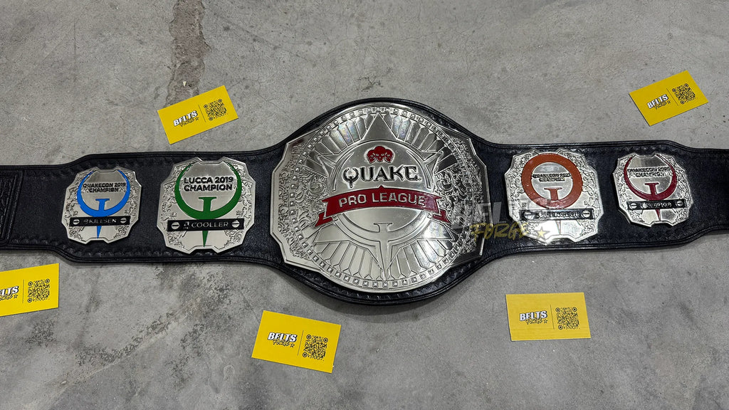 Quake Pro League Esports Championship Belt center and side plates close-up showing CNC-engraved silver chrome-plated brass detail