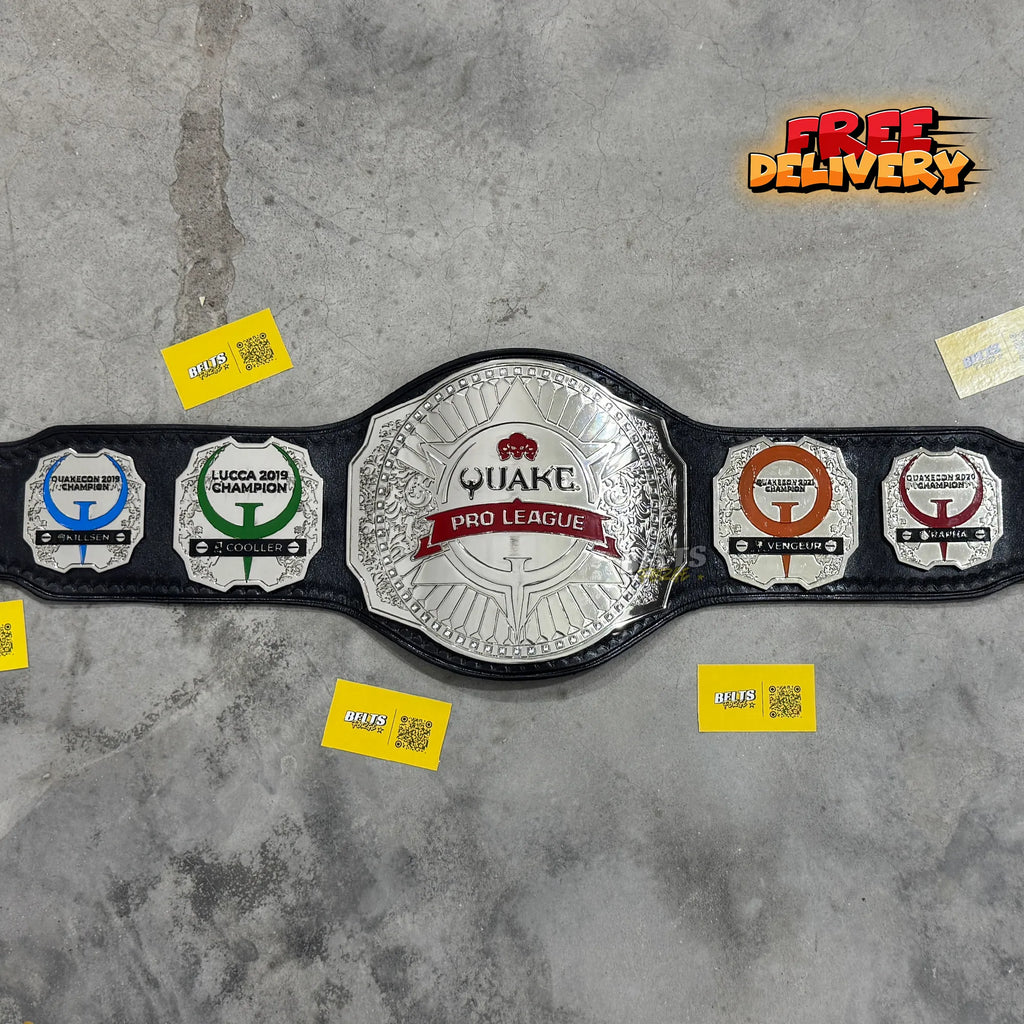 Quake Pro League Esports Championship Belt promotional front view, silver chrome-plated brass plates on genuine leather strap by Belts Forge