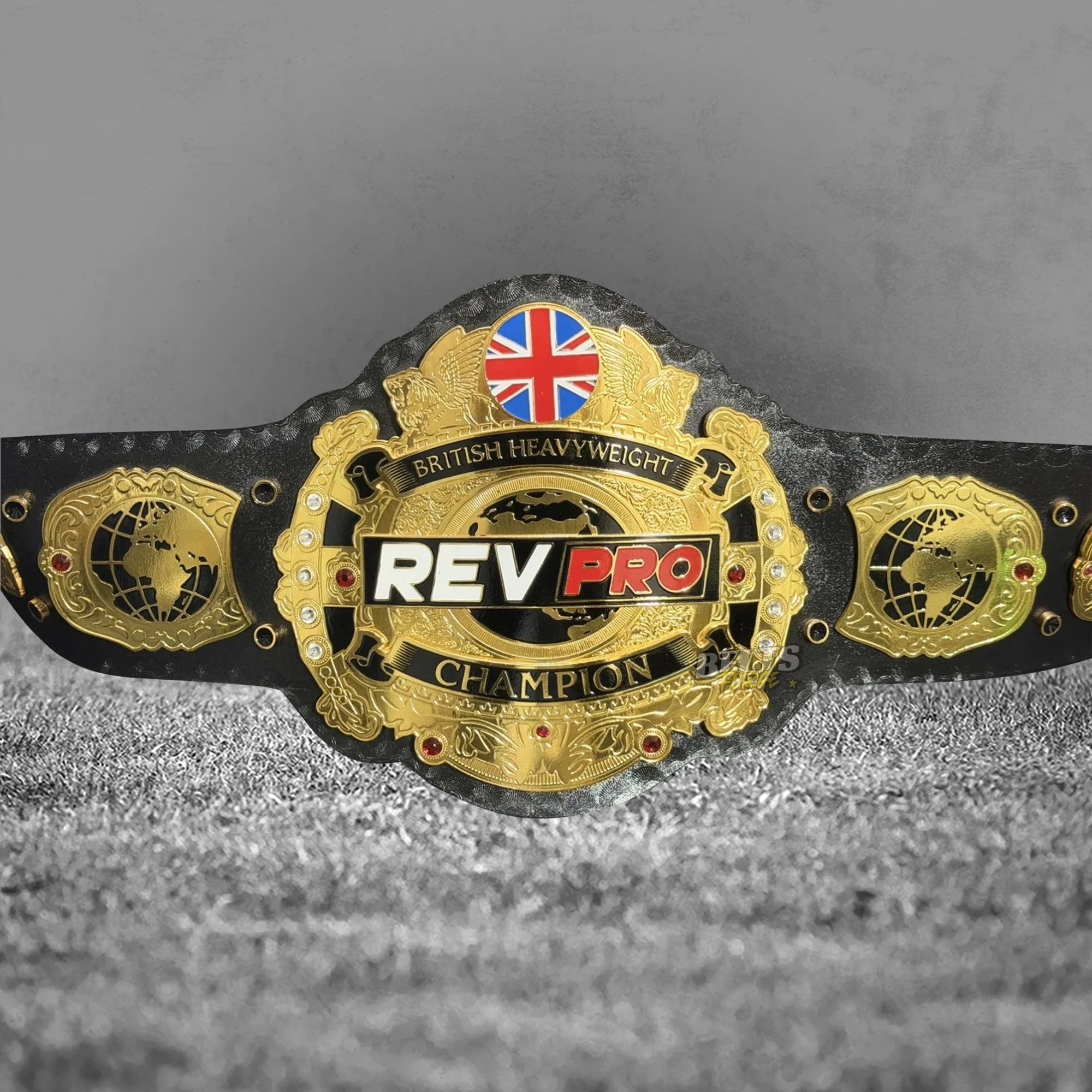 British Heavyweight Championship Belt full front display showing globe and Union Jack side plates