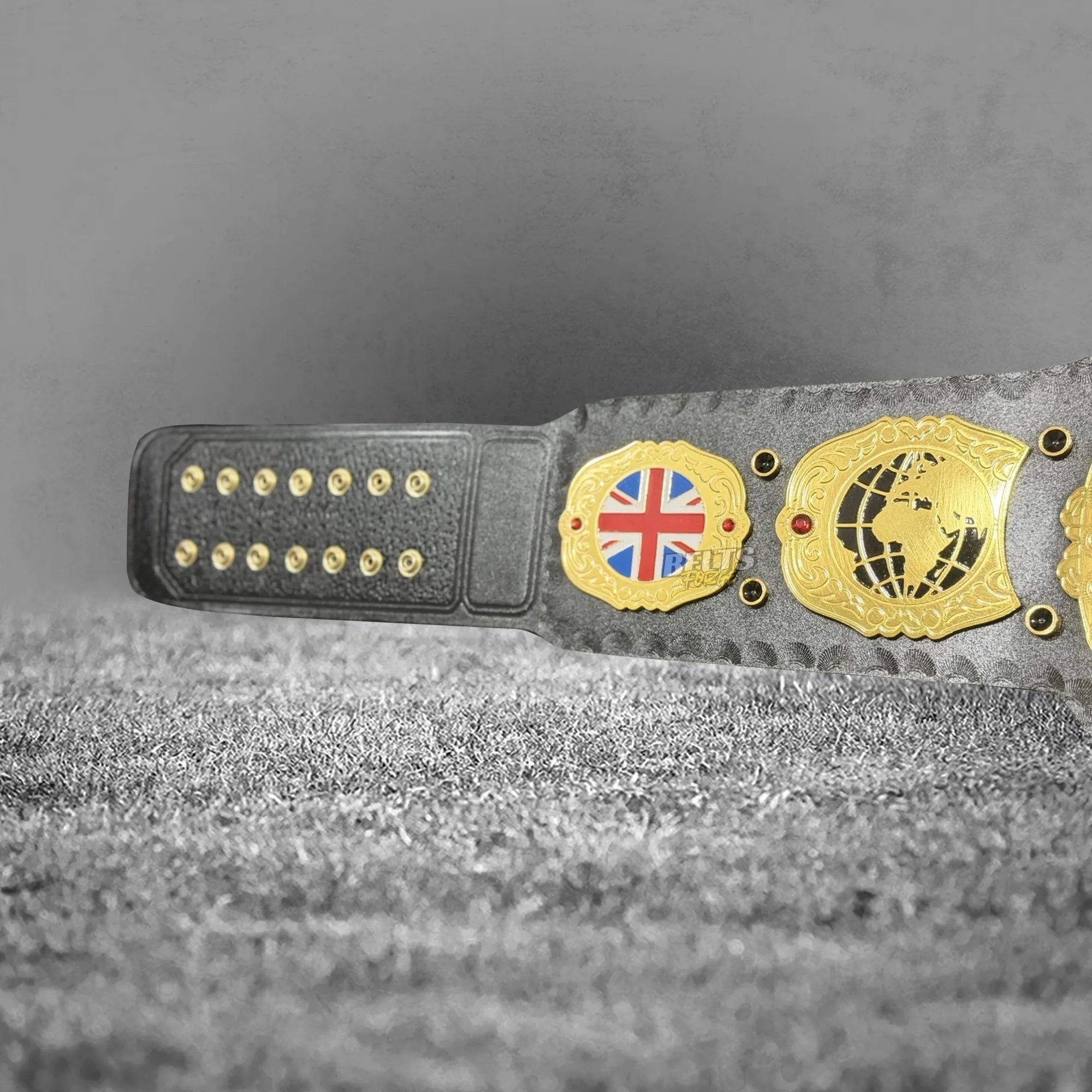 British Heavyweight Championship Belt full overhead flat lay stretched showing all plates