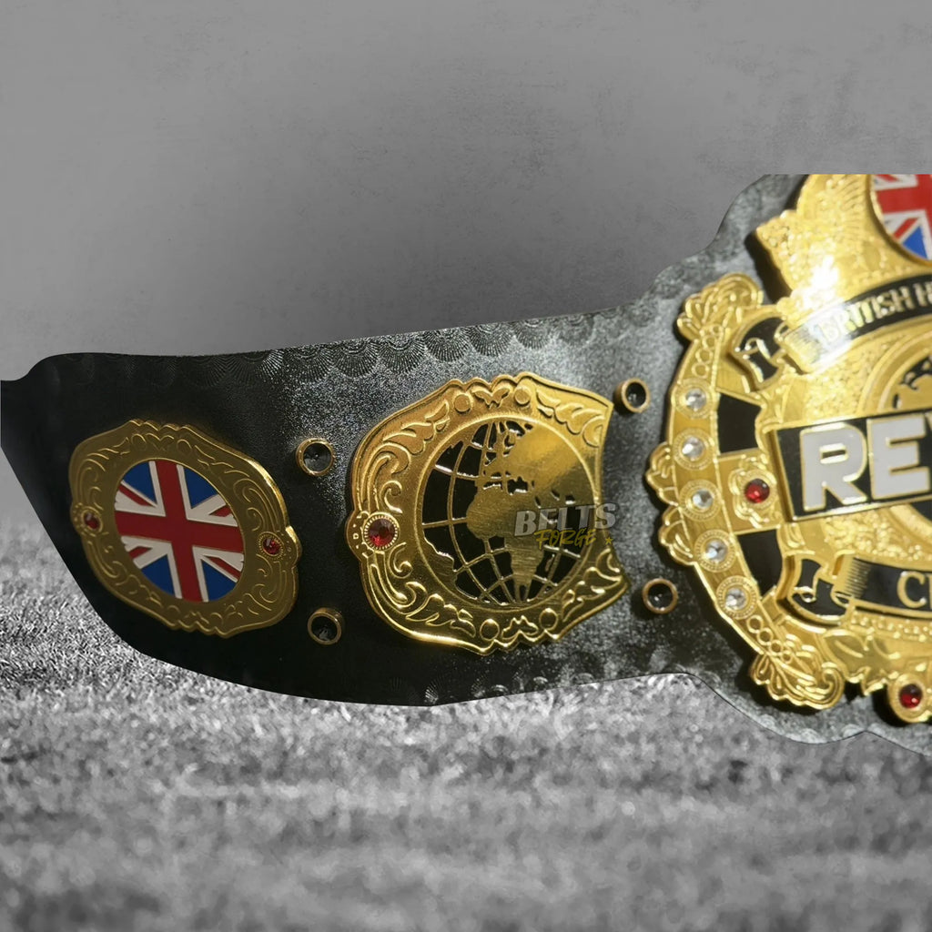 British Heavyweight Championship Belt left angled view showing center plate, globe and Union Jack side plates