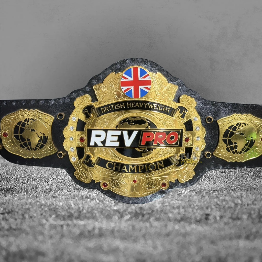 British Heavyweight Championship Belt lower angle front view showing all gold-plated brass plates