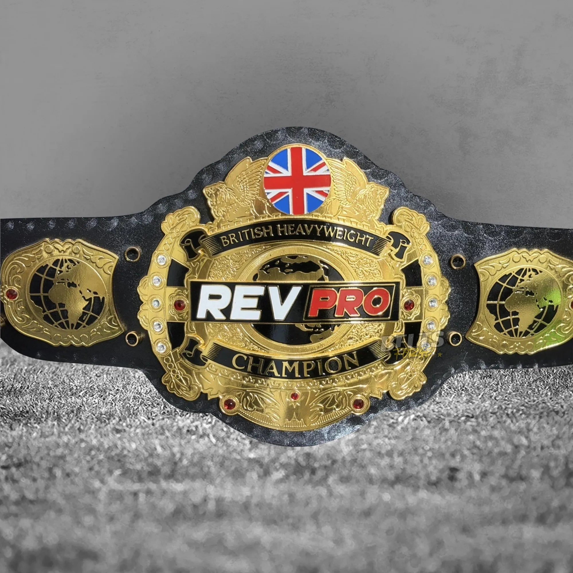 British Heavyweight Championship Belt lower angle front view showing all gold-plated brass plates