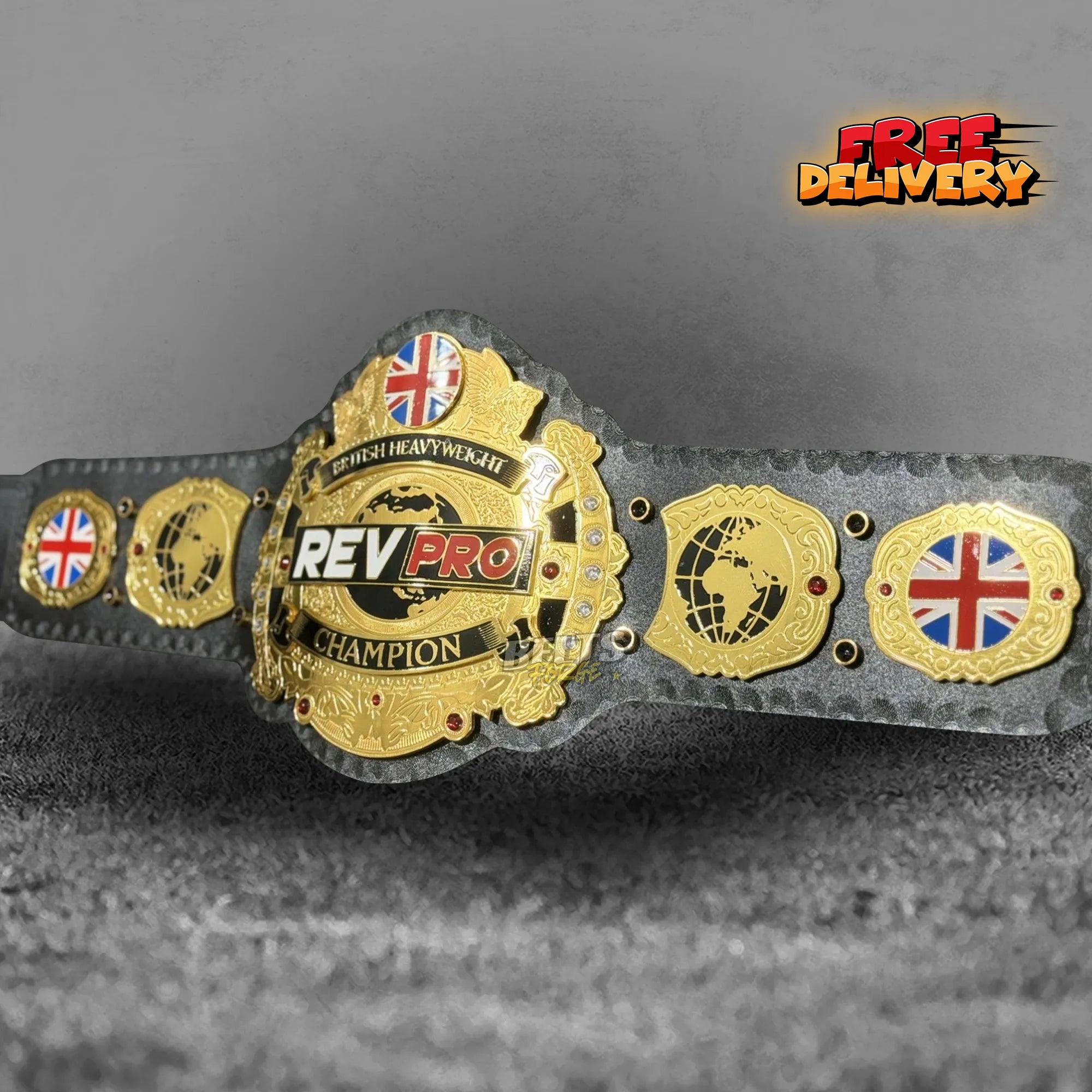 British Heavyweight Championship Belt Union Jack edition promotional angled front view by Belts Forge